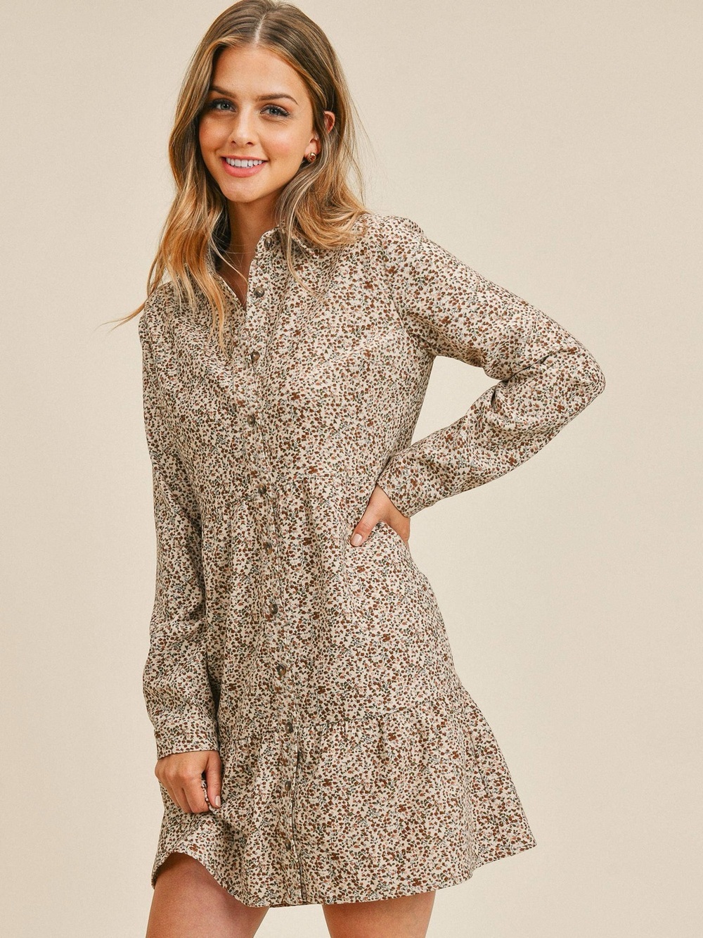 ROOLEE Floral Long Sleeve Button Down Mini Dress